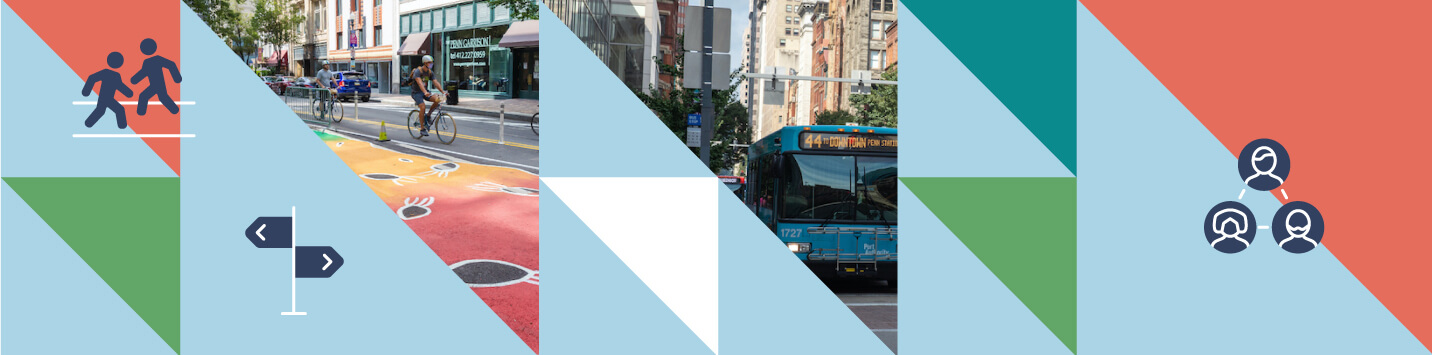 A series of triangles with people and icons.