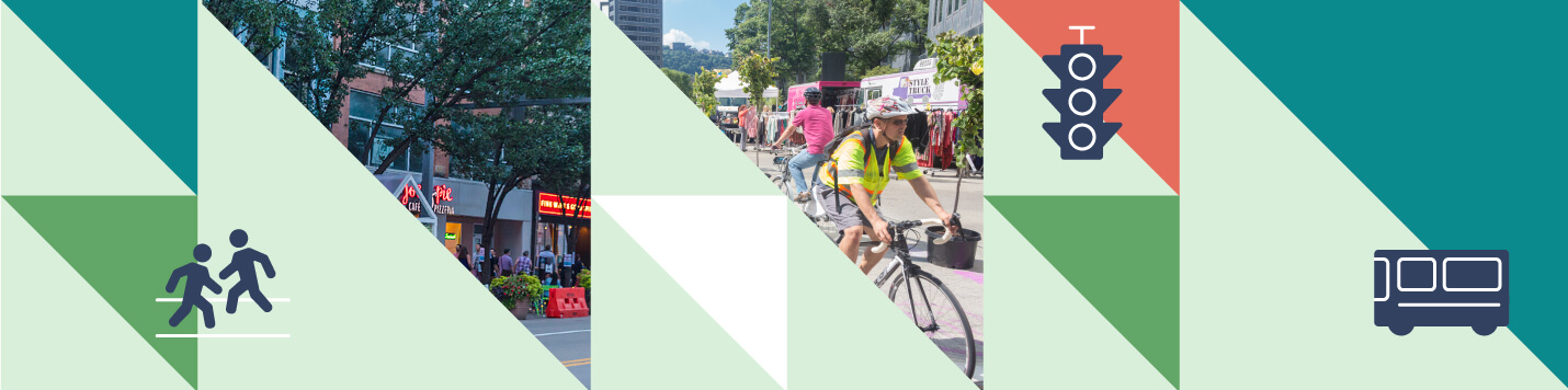 A series of triangles with people and icons.