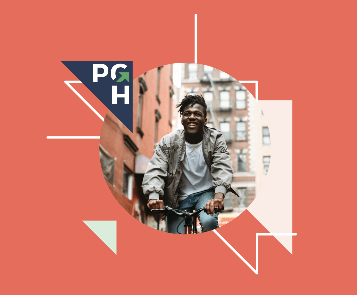 A PGH logo surrounded by branded graphics and an image of a person riding their bike downtown.